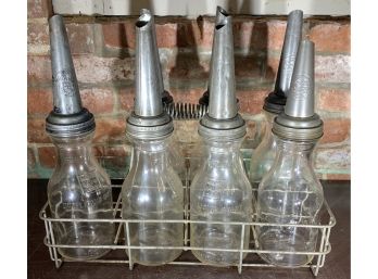 7 Glass Oil Bottles With Vintage 8 Space Carring Crate