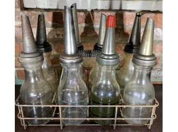 8 Glass Oil Bottles With Vintage 8 Space Carrying Crate