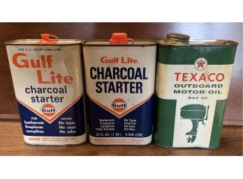 2 Gulf Charcoal Starter Cans (half Full) Texaco Oil Can (full)