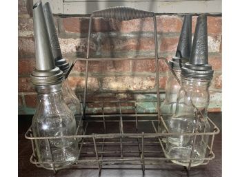 4 Glass Oil Bottles With Vintage 8 Space Carring Crate