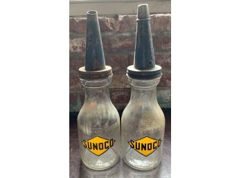 2 Piece Sunoco Glass Bottles W/ Blue Spouts