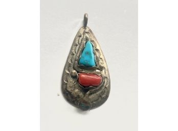 Effie C Zuni Native American Turquoise & Coral Pendant Marked