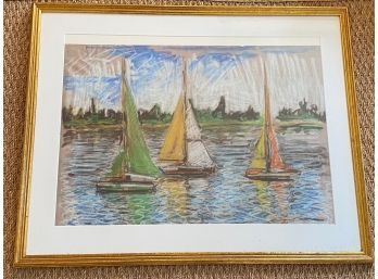 Nicely Framed Sailboat Pastel Painting