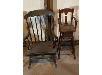 Antique Children's Black And Gold Stenciled Boston Rocker And High Chair