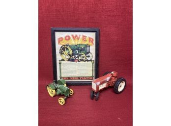 Framed John Deere Advertising & 2 Toy Tractors