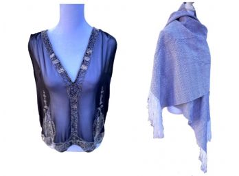 Fringed Wrap And Tracey Reese Sheer Sleeveless Blouse