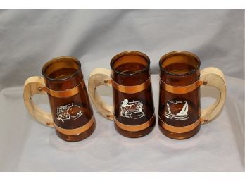 MCM 3 Siestaware Brown/Amber Glass Mugs With Wooden Handles