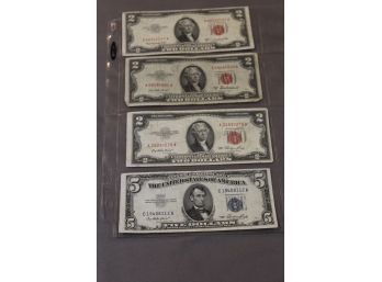 Vintage Currency Group #2 $5 Silver Certificate & 3 Red Seal $2 Bills