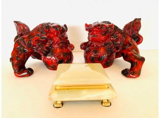 Asian Foo Dog Book Ends & Stone Jewelry Box