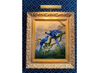 Blue Tropic Parrots Oil On Canvas In Gilt Frame By Artist W.Rogan