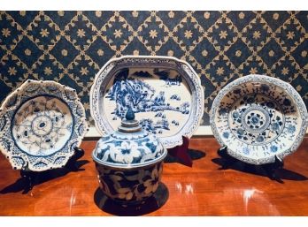 Lovely Group Blue & White Porcelain Plates & Jar