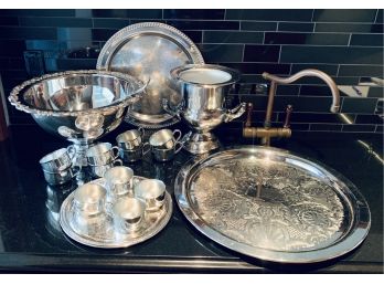 Silver Plate Punch Bowl & Cups, Champagene Bucket & Serving Platters