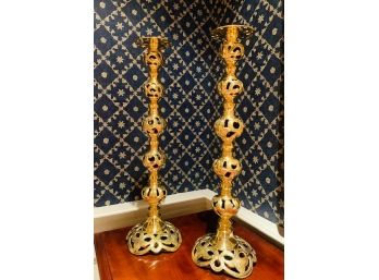 Tall Brass Candlesticks W/ Decorative Scroll Detail