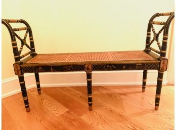 Cane Bench W/ Decorative Gilt Finish Asian Motif