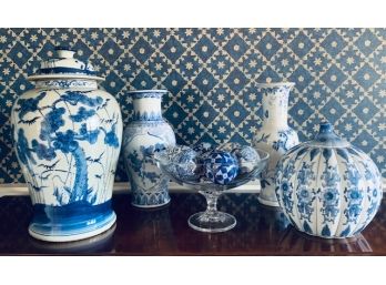 Blue & White Porcelain Jardiniere & Crystal Bowl & Porcelain Balls & Vase /Jar Grouping