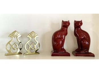 Pair Of Brass Finish And Ceramic Cat Book Ends