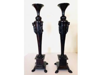 Maitland Smith Bronze Finish PR Of Tall Candle Holders W/ Figurines