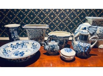 Blue & White Porcelain With Elephant Tea Pot, Vase And Bowl Grouping