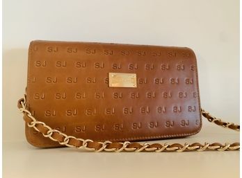 St. John Saddle Brown Leather Logo Embossed Cross Body Bag