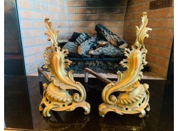 Pair Flame Motif Andirons In Brass Finish