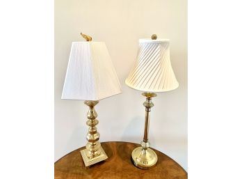 2 Brass Finish Table Lamps With Silk Shades