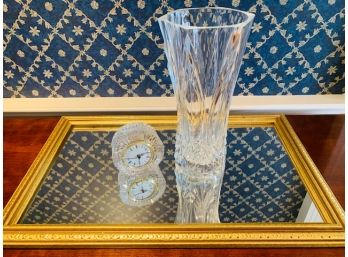 Crystal Vase & Clock W/ Gilt Finsh Tray Mirror Decor