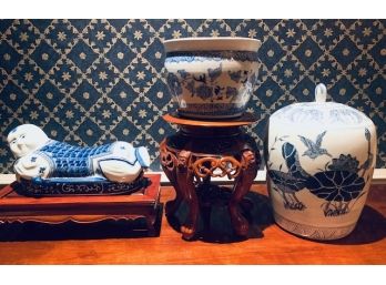 Blue & White Ceramic Asian Figurine Stand &  Vase Planter, Jar