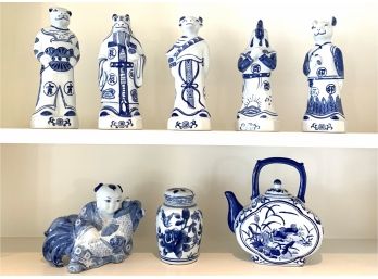 Grouping Of Asian Style Ceramic Figures, Canister And Teapot