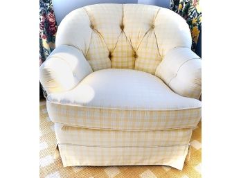 Custom Swivel Side Chair In Dusty Yellow & White Gingham W/ Tufted Detail