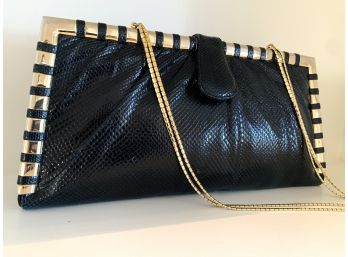 Judith Leiber Black Snakeskin Leather Envelope Clutch