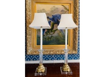 PR Of Glass & Lucite Candlestick Table Lamps W/ Silk Shades