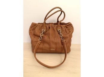 Tre Vero Tan Embossed Leather Shoulder Bag With Light Gold Hardware