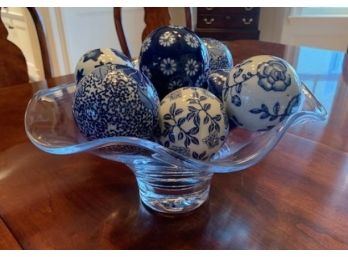 Simon Pearce Crystal Bowl W/ 10 Blue & White Ceramic Balls