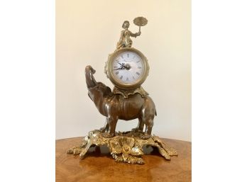 Imperial Brass Finish Mantle Clock With Elephant And Figurine