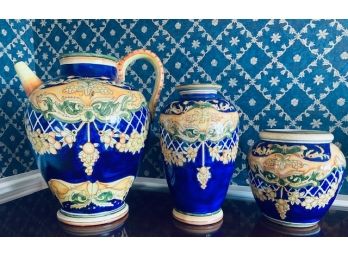 Symphony In Blue Grouping Of Three Italian Style Pottery