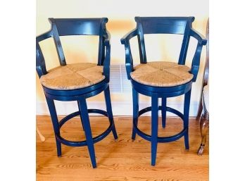 PR Of Blue Counter Stools W/ Rush Seats