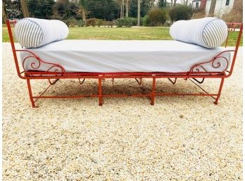 Antique Iron Daybed Frame On Castors W/Blue Stripe Ticking &  Bolsters