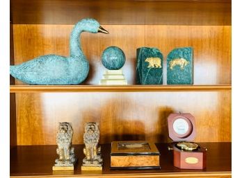 Marble Green Book Ends, Decorative Swan, & Scrimshaw Style Clock, Golf Music Box & Decor Grouping