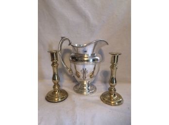 Brass Candle Sticks / Silver Plated Pitcher