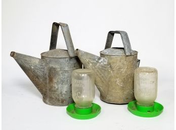 Vintage Galvanized Steel Watering Cans And Chicken Feeders