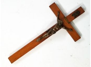 A Beautiful Antique Bronze And Wood Crucifix