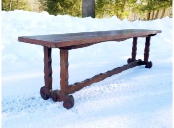 A Wonderful Late 19th Century Carved Oak Trestle Bench