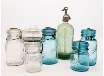 Vintage Ball Jars, Glass, And A Soda Siphon