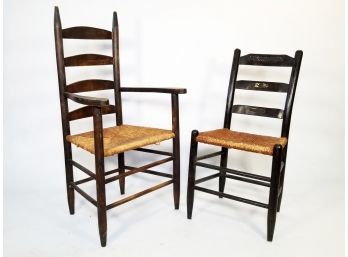 A Pairing Of Vintage Ladder Back, Rush Seated Chairs