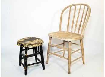 A Primitive Stool And Chair Pairing