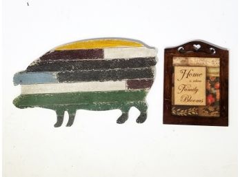 An Artful Pig Silhouette In Painted Wood Slats And 'Home Sweet Home' Artwork