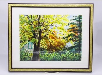 A Framed Watercolor - Bucolic Autumn Scene