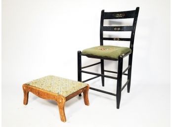 A Painted Wood Chair And Footstool