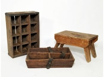 An Antique Beverage Box, Tool Box, And Stool