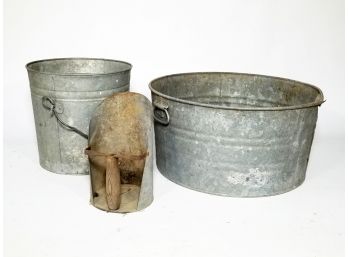 An Assortment Of Galvanized Steel Buckets And More